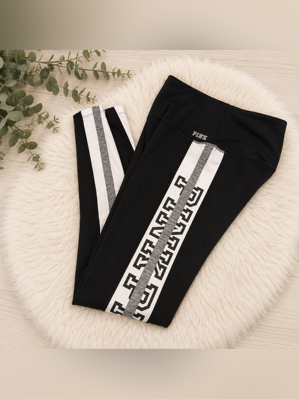 PINK Victoria's Secret Black Leggings with White and Gray Stripe Detail